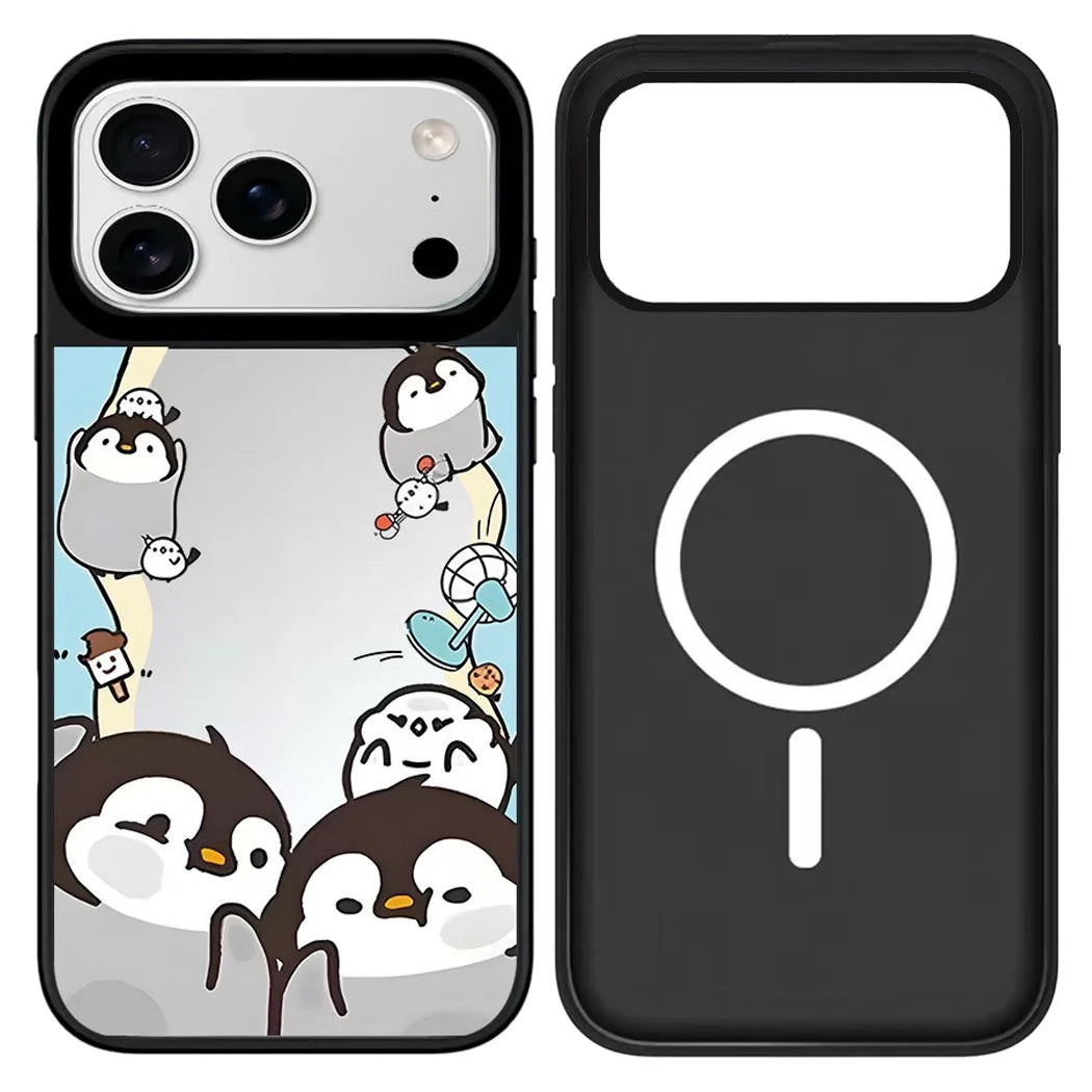 Cartoon Penguin Mirror Surface Cover for iPhone 12 13 14 15 16 17 Pro Max 17 Air Case - Protective Magnetic Case