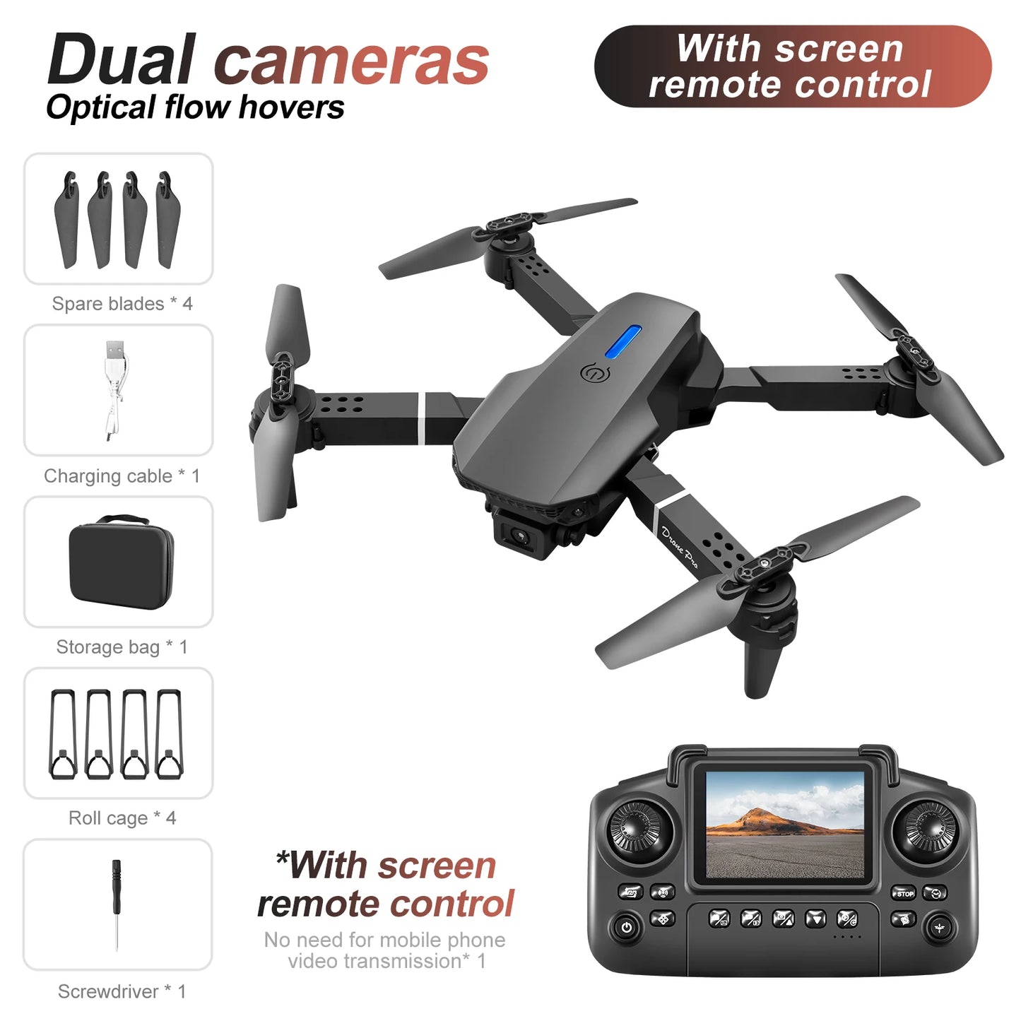 New E88 E99 Drone Remote Control with Screen Dual Camera Optical Flow Localization 2.4G RC Quadcopter One-button Take-off Drones