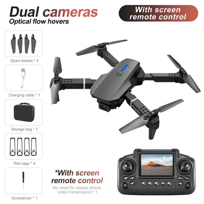 New E88 E99 Drone Remote Control with Screen Dual Camera Optical Flow Localization 2.4G RC Quadcopter One-button Take-off Drones