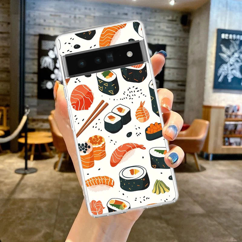 Phone Case For Google Pixel 9 8 7 6 9A 8A 7A 6A 5 4 5A 4A 3A Pro XL Soft Clear TPU Transparent Cover Cute Cartoon Sushi