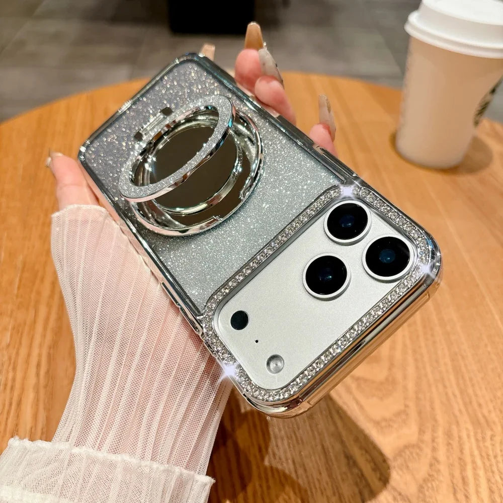 Luxury Diamonds Mirror Bracket Magsafe Case For iPhone Air 17 Pro 16 15 14 13 12 11 Pro Max Plus Gradient Glitter Magnetic Cover