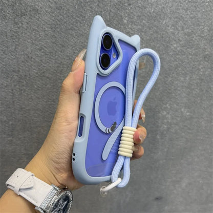 Cute Cat Ear Magsafe Case for iPhone 13 14 15 16 Pro Max 11 12 15 16 Plus Transparent PC TPU Armor Cover with Wrist Strap Chain