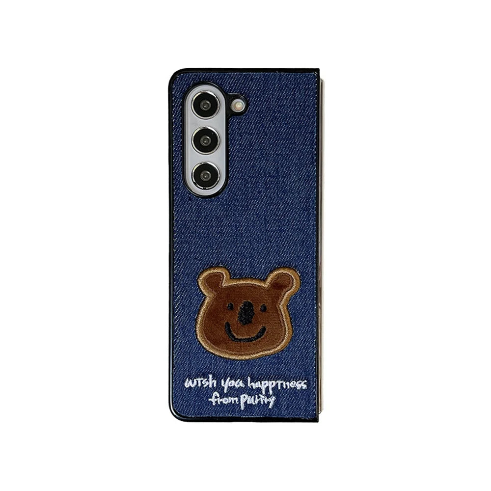 Embroidery Rabbit Bear Cloth Fabric Phone Case For Samsung Galaxy Z Fold & Z Flip 7 6 5 4 3 Hard Protection Shell