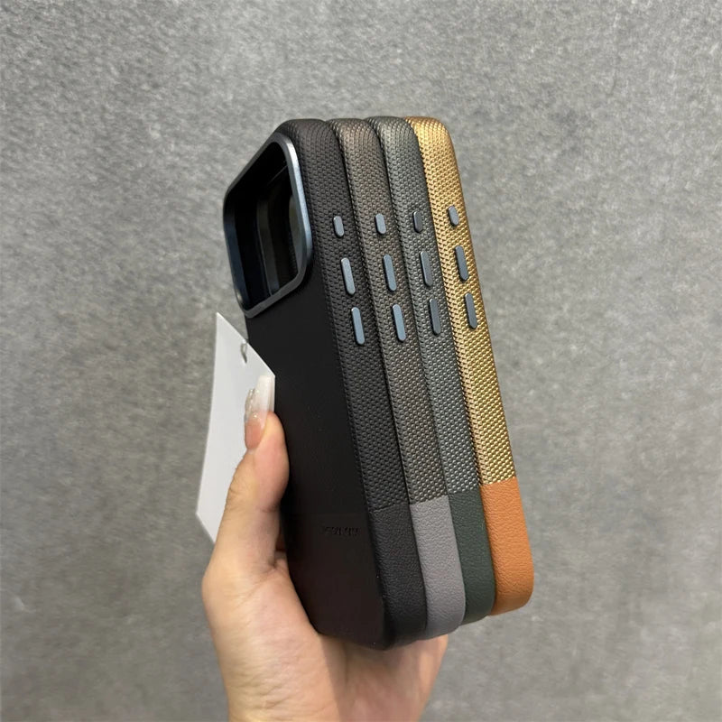 Alloy Lens Splice Leather Texture MagSafe Armor Case For iPhone 17 17Pro Max 16 Pro 15 14 13 Wireless Charging Magnetic PC Cover