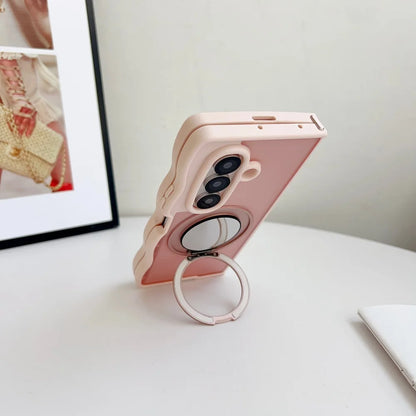 360 Rotating Mirror Stand Bracket Magnetic Case for Samsung Galaxy Z Fold7 Z Fold 6 5 4 3D Wave Border Shockproof Bumper Fundas