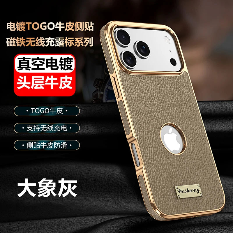 Luxury Togo Calfskin Genuine Leather Case view Window of apple logo cover For iPhone 17 16 15 14 Pro Max 17 Air Cases skin Funda