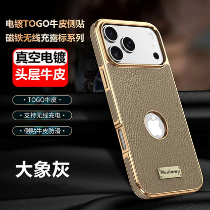 Luxury Togo Calfskin Genuine Leather Case view Window of apple logo cover For iPhone 17 16 15 14 Pro Max 17 Air Cases skin Funda