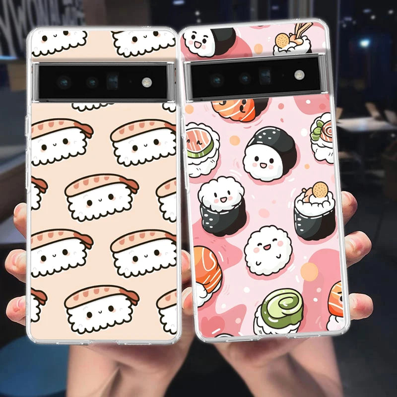 Phone Case For Google Pixel 9 8 7 6 9A 8A 7A 6A 5 4 5A 4A 3A Pro XL Soft Clear TPU Transparent Cover Cute Cartoon Sushi