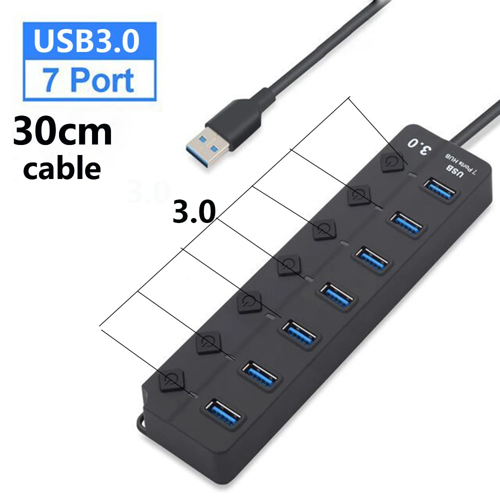 USB Hub 3.0 Multiprise USB High Speed Splitter 7 Port 5Gbps Hub Power Adapter with Switch Long Cable with Multiple Expander Hub
