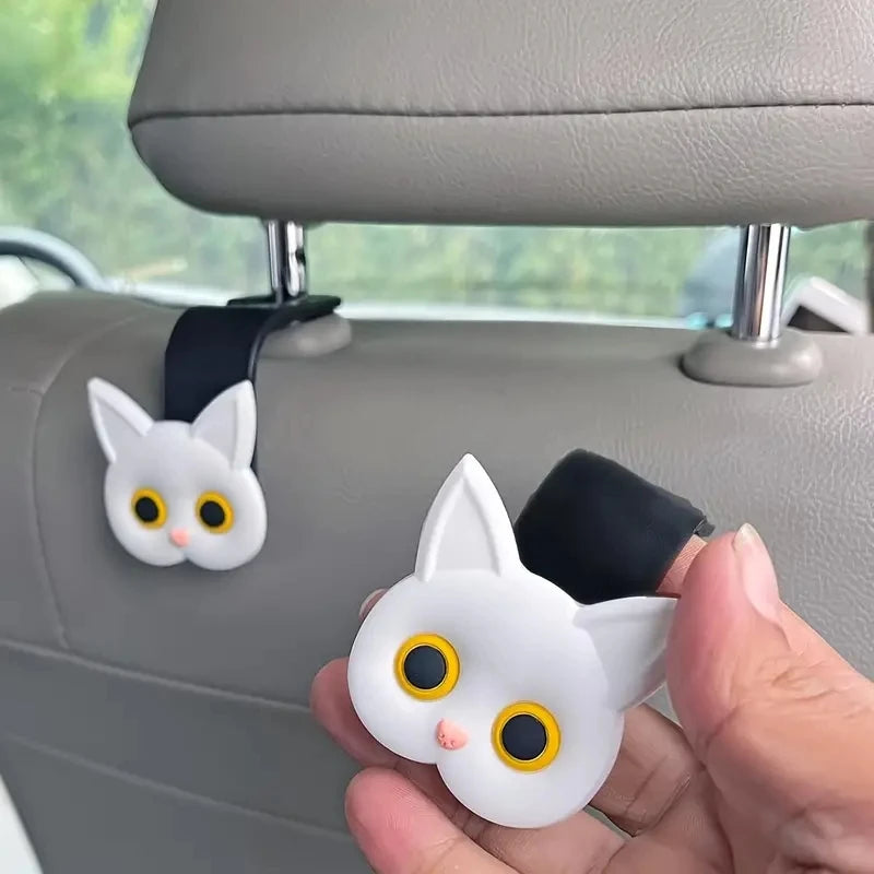 2pcs Adorable 3D Cartoon Cat Car Seat Headrest Hooks - Universal Vehicle Storage Organizer for Handbags, Purses, Coats - Cute Cat