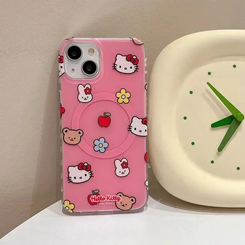 Cute Hello Kitty Magnetic Grip Holder Magsafe Wireless Charge Phone Chain Case For iPhone 16 15 12 Pro Max 14 Plus 13 Mini Cover