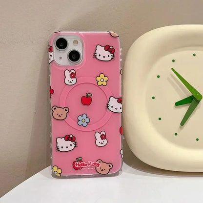 Cute Hello Kitty Magnetic Grip Holder Magsafe Wireless Charge Phone Chain Case For iPhone 16 15 12 Pro Max 14 Plus 13 Mini Cover