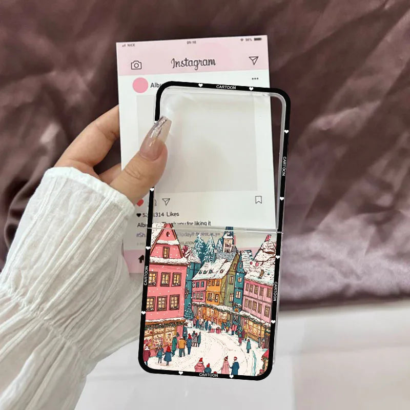 Winter Snow Landscape Phone Case For Samsung Galaxy Z Flip 7 Christmas Street Scenery Clear Hard Folding Cover For ZFlip7 Fundas