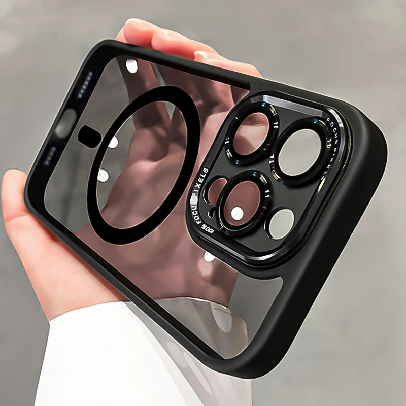 Transparent Metal Camera Bumper Case For iPhone 16 11 12 13 17 Pro Max 15 16 Plus 17 Air For Magsafe Magnetic Clear Phone Cover