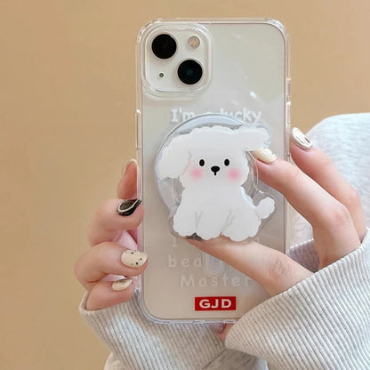 Korea Cute White Dog For Magsafe Magnetic Phone Grip Tok Griptok Stand For iPhone 15 Foldable Wireless Charging Case Holder Ring