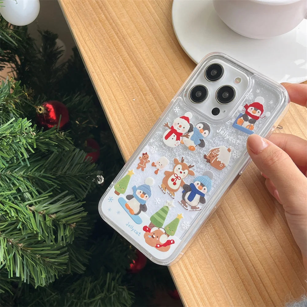 Cute Cartoon Santa Claus Snowman Shake Quicksand 3D Bling Glitter Phone Cover For iPhone 16 14 13 15Pro Max Christmas Case