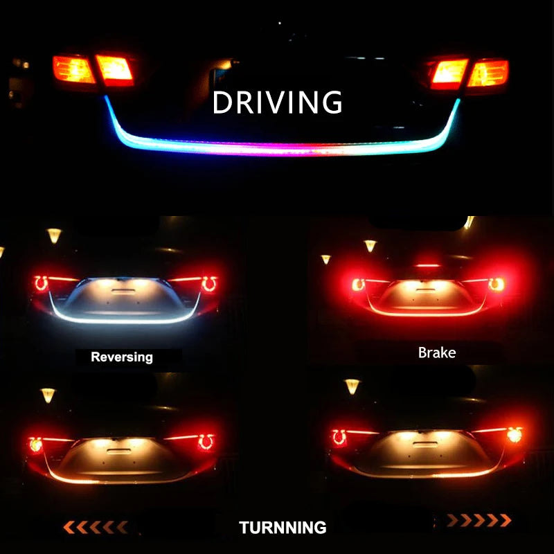 Car Rear Trunk Tail Light 120cm Colorful Dynamic Reverse Warning LED Strip 12v Additional Brake Follow Turn Signal Lamp