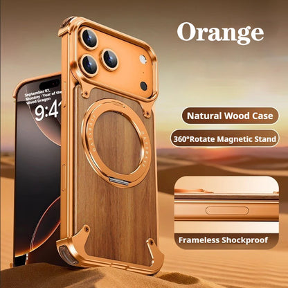 Eary Natural Wooden Frameless Case For iPhone 17 Pro Max 17 Air With Magsafe 360°Rotation Magnetic Stand Shockproof Phone Cover