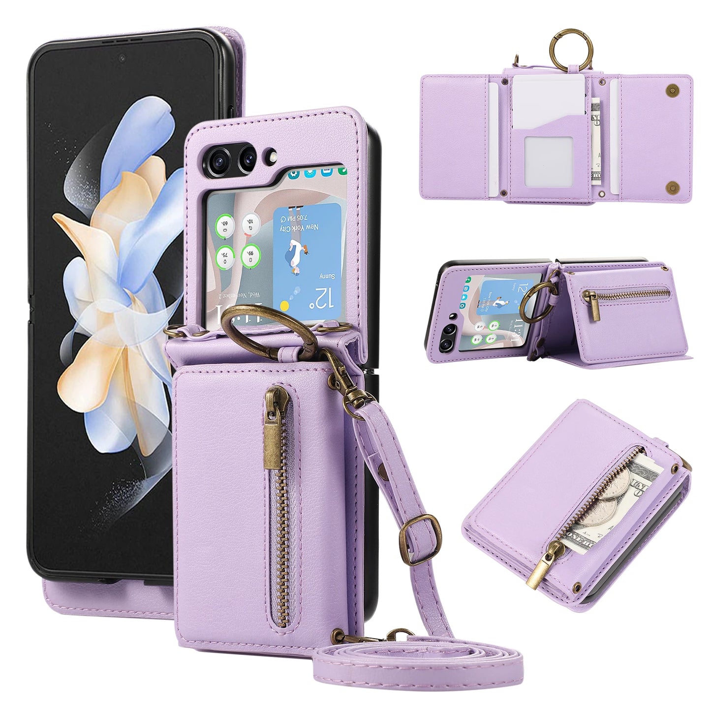 Crossbody Zipper Cards Solt Wallet Leather Case For Samsung Galaxy Z Flip 7 FE 6 5 4 Ring Holder Triple Fold Lanyard Stand Cover
