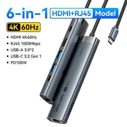 Vention USB C Hub HDMI 4K 60Hz 9 in 1 PD 100W RJ45 Adapter USB3.0 Hub 5Gbps Splitter Docking Station for MacBook Air iPad Laptop