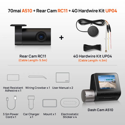 70mai Dash Cam A510 1944P HDR GPS ADAS 4G Connectivity 70mai 4G Front Cam A510 Car DVR 24H Parking Support Rear Cam