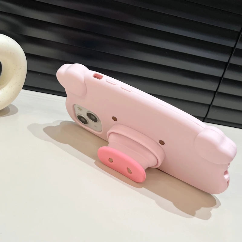 Fun 3D Pink Saliva Pig Nose Invisible Bracket Case For iPhone 13 14 12 11 15 Pro Max Cute Creative Holder Stand Shockproof Cover