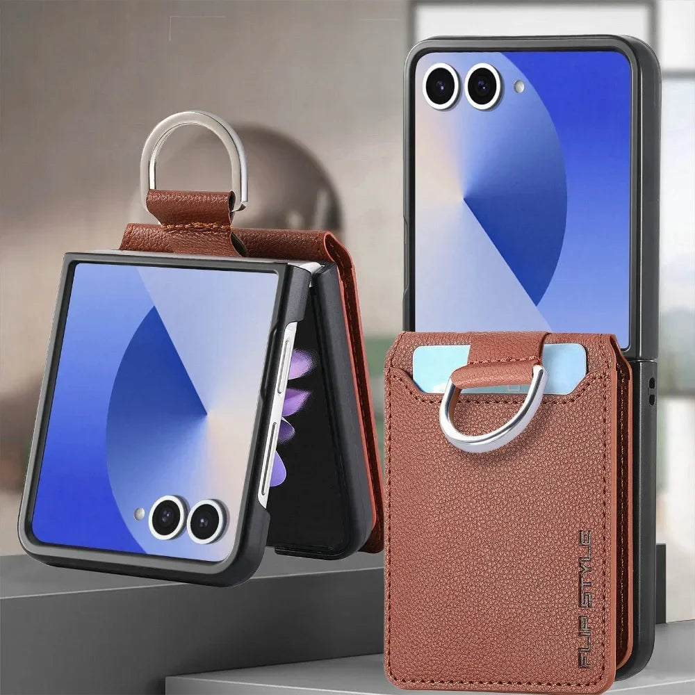 Samsung Galaxy Z Flip Wallet Phone Case - Lychee Pattern Leather with Ring Card Holder for Z Flip 7/6/5/4/3/2/1 Flip7/Flip6/Flip