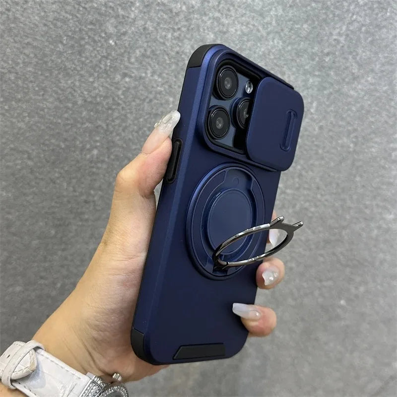 Luxury Heavy-Duty Rugged Armor Magnetic Bracket Case For iPhone 17 16 15 14 13 12 11 Pro Max Slide Camera Protection PC Cover