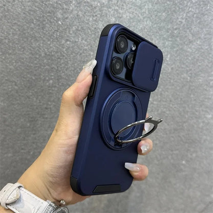 Luxury Heavy-Duty Rugged Armor Magnetic Bracket Case For iPhone 17 16 15 14 13 12 11 Pro Max Slide Camera Protection PC Cover