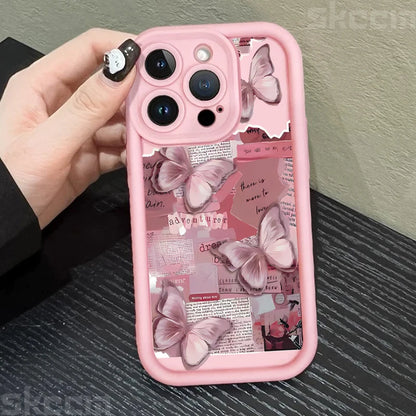 Pink Cute Butterfly Silicone Soft Phone Case For iPhone 16 16E 15 14 13 12 11 Pro Max XS XR X 7 8 Plus Shockproof Candy Cover