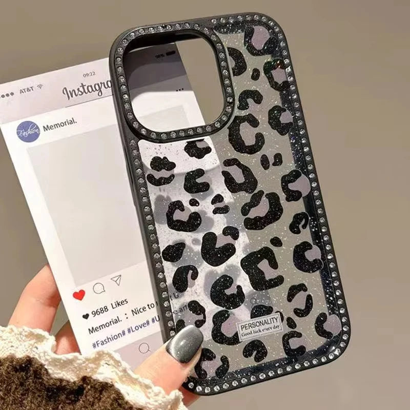 Pink Black Leopard Print Diamond Inlaid Frame Plain Case for iPhone 16 15 14 Plus 13 12 11 Pro Max Acrylic Silicone Hard Cover