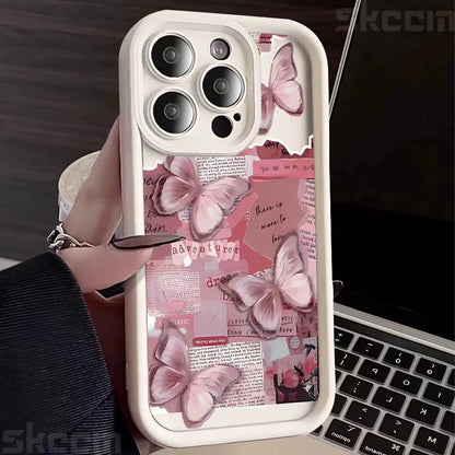 Pink Cute Butterfly Silicone Soft Phone Case For iPhone 16 16E 15 14 13 12 11 Pro Max XS XR X 7 8 Plus Shockproof Candy Cover