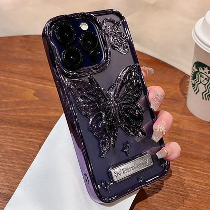 Glitter Butterfly Gradient Stand Case for iPhone 15 16 14 12 13 Pro Max 14Pro Bracket Transparent Plating Soft Silicone Cover