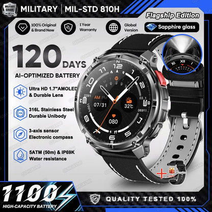 2026 New T-Rex 3 Ultra 1100mAh Military Smart Watch Men 5ATM Waterproof 1.7" AMOLED Screen Bluetooth Call Compass LED Flashlight