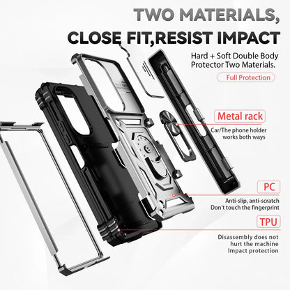 Slide Camera Lens Armor Phone Case for Samsung Galaxy Z Fold 6 5 4 7 Magnetic Ring Stand Holder Shockproof Protection Back Cover