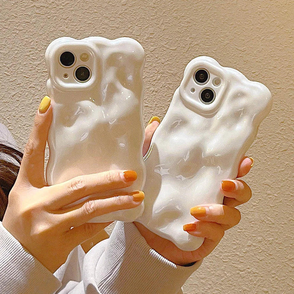 Japan Korea 3D Meteorite Pearl Cream White Soft IMD Phone Case For iPhone 14 15 16 13 12 Pro Max 11 Fashion Wave Bumper Cover