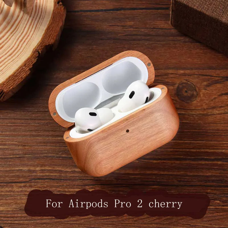 Solid Wood Headphone Case For Airpods 1 2 3 4 Pro 2 Wrieless Bluetooth Earphone Protective Cover with Lanyard Headphone Bag