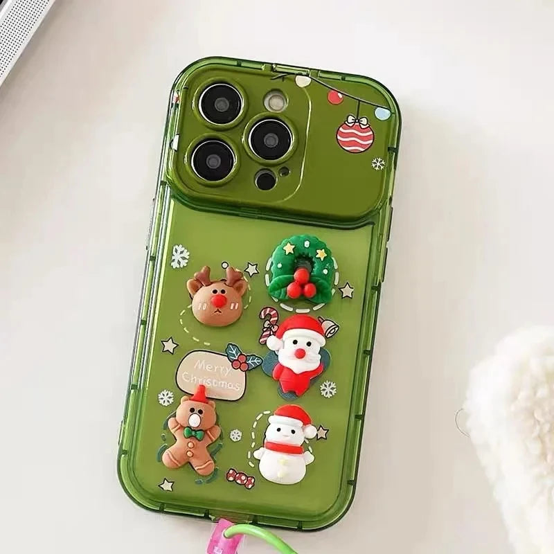 3D Christmas Stand Holder With Bell Pendant Phone Case For iPhone 17 16 15 14 13 12 11 Pro Max Plus Santa Claus Keychain Cover