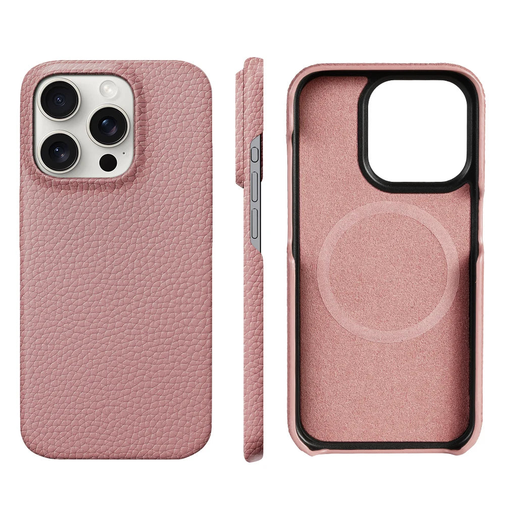 for Magsafe Case for iPhone 15 16 Pro Max Promax 16Pro Natural Cowhide Lychee Leather Magnetic Protector Luxury Phone Back Cover