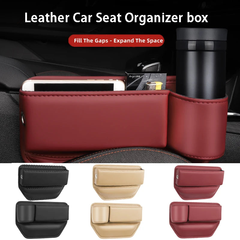 Leather Car Seat Gap Organizer Multifunction Console Crevice Filler Side Storage Box with Cup Holder Car Interior Storage Pocket