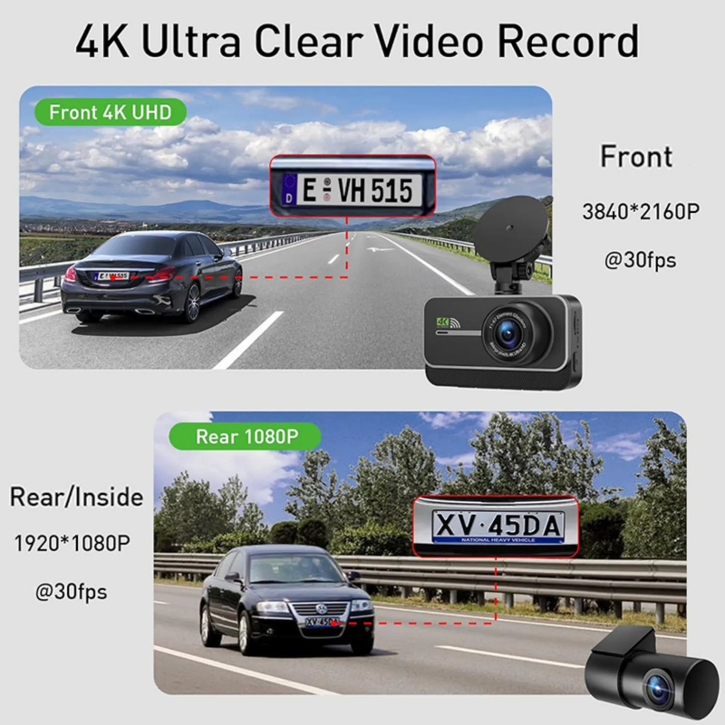 4K Dash Cam for Cars Car Camera Dash Cam WIFI Camera for Car Front and Rear Dash Camera Black Box 24H Parking Mode Recorder