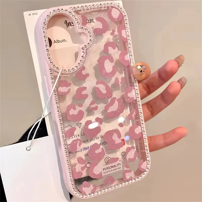 Pink Black Leopard Print Diamond Inlaid Frame Plain Case for iPhone 16 15 14 Plus 13 12 11 Pro Max Acrylic Silicone Hard Cover