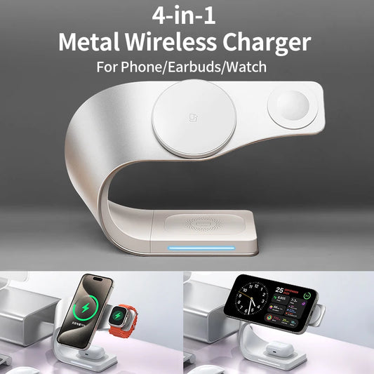 4 in 1 Wireless Charger Metal Shell Magnetic 15W Fast Charging Station Stand for iPhone 12-17 Mobile Phones  Airpods Apple Watch