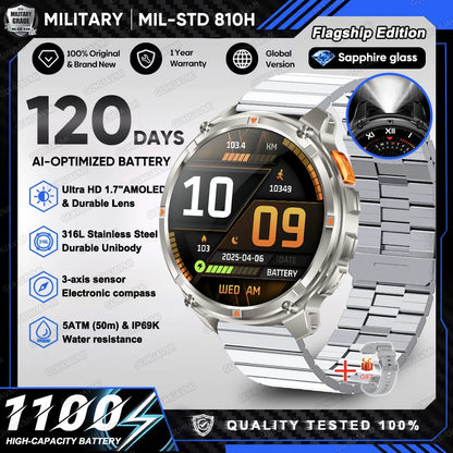 2026 New T-Rex 3 Ultra 1100mAh Military Smart Watch Men 5ATM Waterproof 1.7" AMOLED Screen Bluetooth Call Compass LED Flashlight