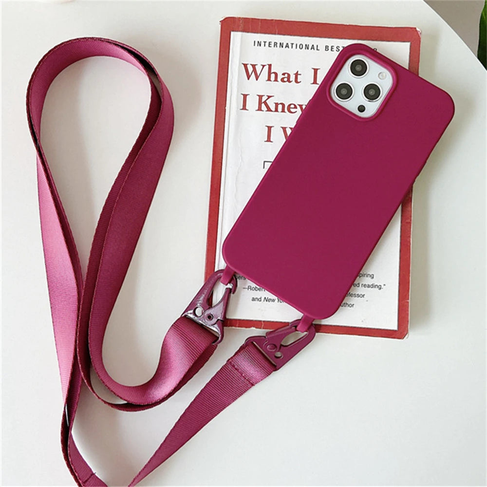 Crossbody Necklace Strap Lanyard Matte Silicone Case For iPhone 17 16 15 14 Pro Max 11 12 13 XR X XS 8 Plus SE Shockproof Cover