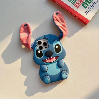 For iPhone 15 Pro Max 11 12 Pro Max 14 Pro 14 Plus 13 16 Kawaii Sit Stitch Big Ear Button Strap Cartoon Silicon Soft Phone Case