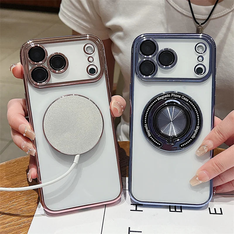 Luxury Plating 360 Rotate Ring Bracket Magnetic For Magsafe Case For iPhone 17 Air 16 15 14 Plus 13 12 11 Pro Max 16E Soft Cover