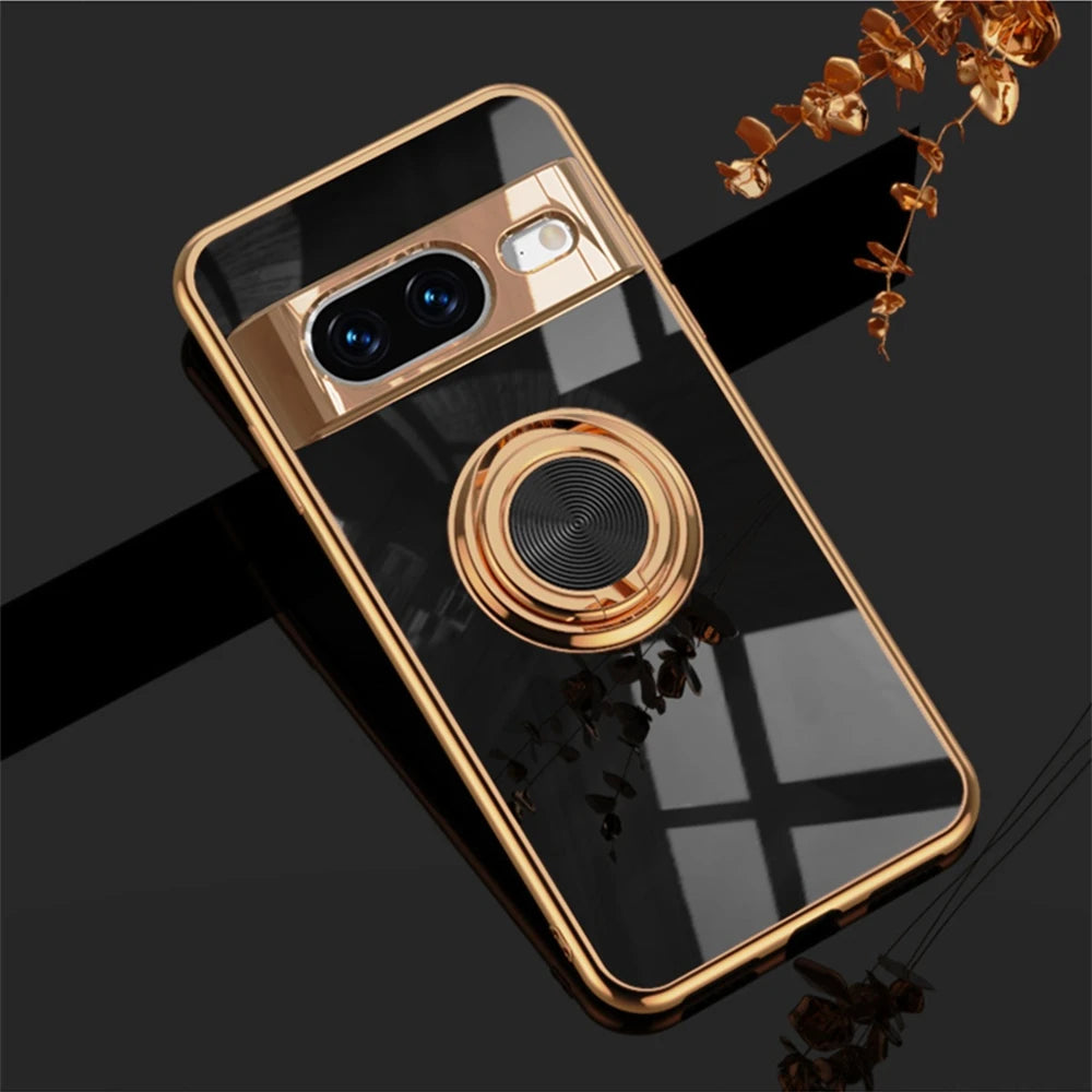 Luxury Ring Holder Magnetic Stand Case for Google Pixel 9 8 7 Pro 8A 7A 6A 5A Pixel8A Bracket Plating Soft TPU Shockproof Cover