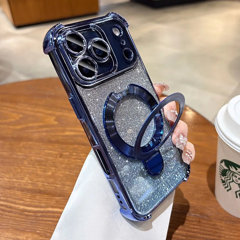 for Magsafe Glitter Bracket Plating Case for iPhone 17 16 15 Pro Max 14 Plus 11 12 13 Air Ring Holder Bling Airbag Bumper Cover