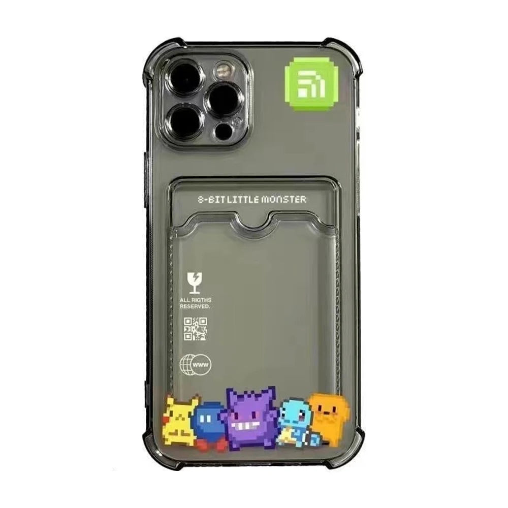 3D Anime Cute P-Pokemon Gengar Card Wallet Black Clear Soft TPU Phone Case For iPhone XS Max XR 13 12 11 14 15 16 Pro Max  Cover